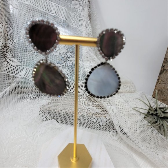 Large Mother of Pearl Dangle Earrings Pierced Rhinestones - Picture 4 of 5